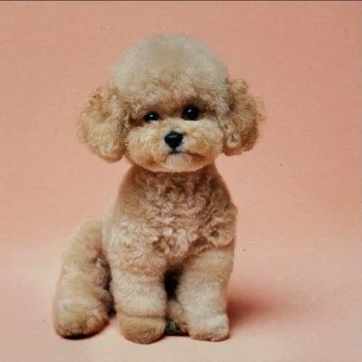 A poodle puppy with a rounded teddy-bear trim on a peach backdrop